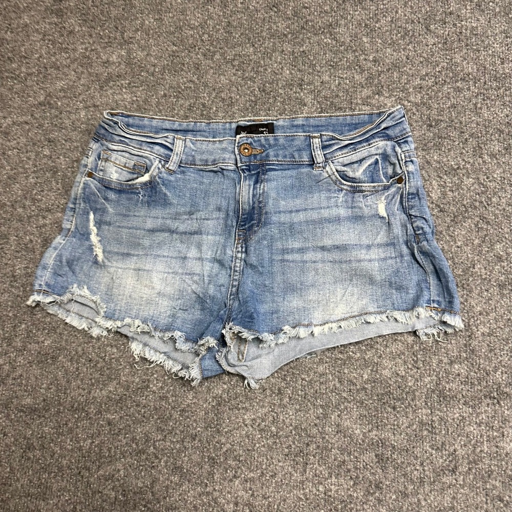 Jay Jays Denim Shorts Womens Size 12 Blue Distressed Cheeky Raw Hem Stretch